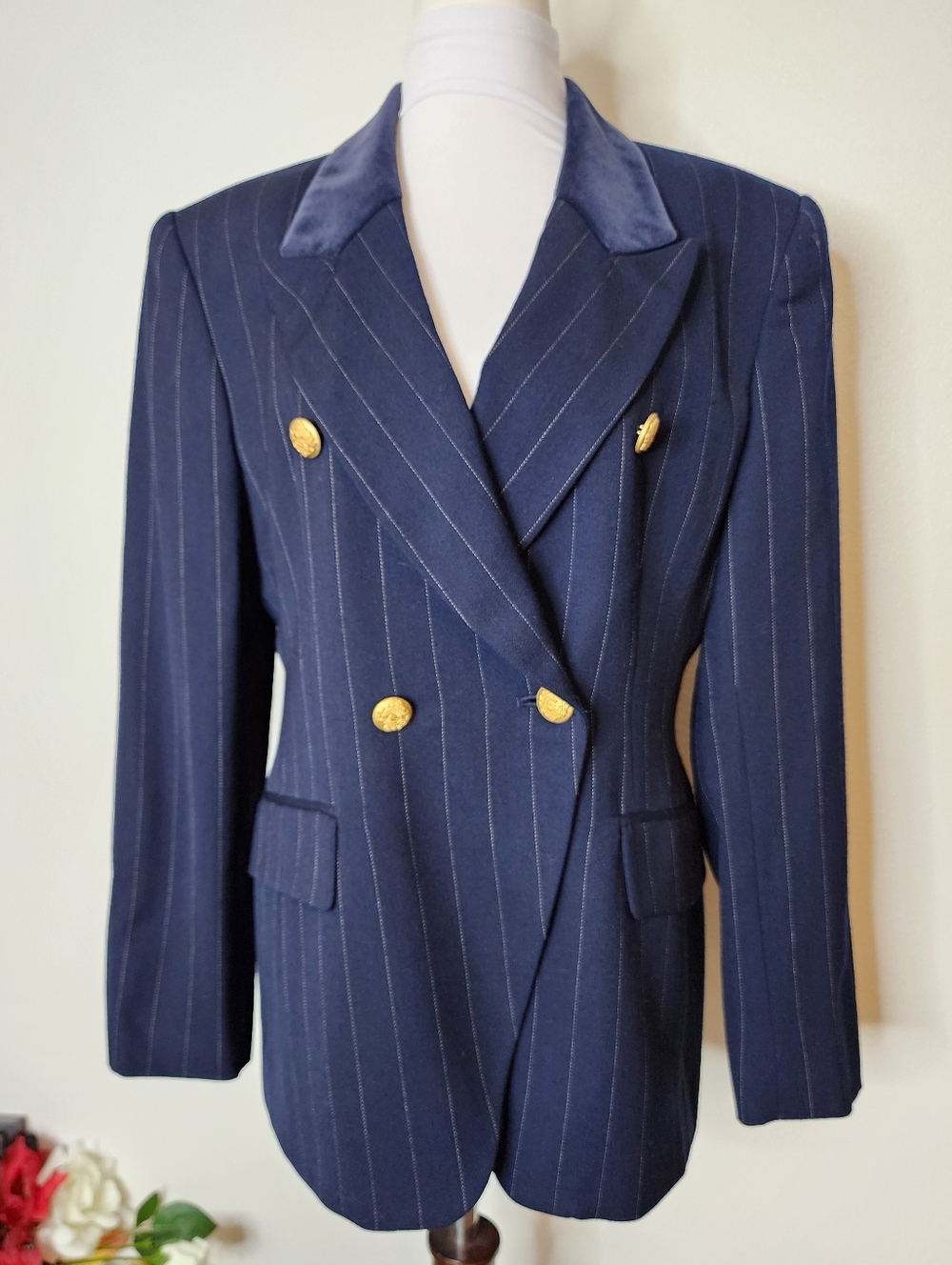 Jones New York Blazer Dsrk Blue Pinstripe Tailored Tuxedo Military Jacket Office - Picture 2 of 16